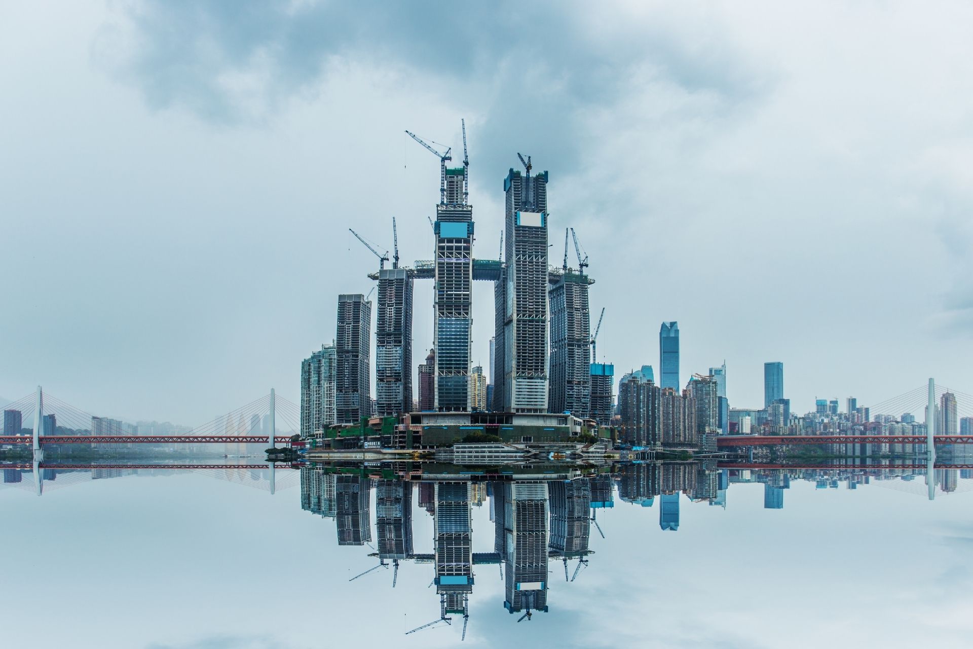 Chongqing Chaotianmen Wharf City Landscape in China, the Yangtze River reflects the city on the river